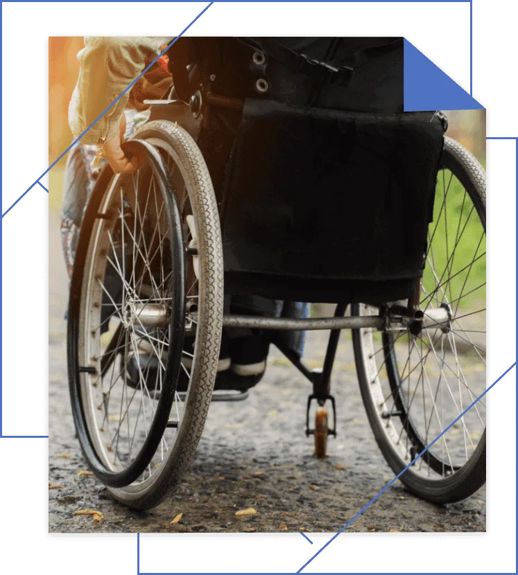 A close-up of a person in a wheelchair, hands firmly gripping the wheels, rolling along a pathway with determination. Geometric lines and shapes accentuate the scene, symbolizing the strength and resilience found in navigating life's pathways with disability.