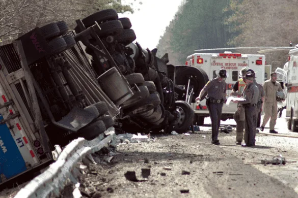 An overturned truck on the highway has left debris scattered, while emergency responders and police assess the scene near an ambulance. If you’re involved, contacting a truck accident injury attorney can help guide you through the aftermath.