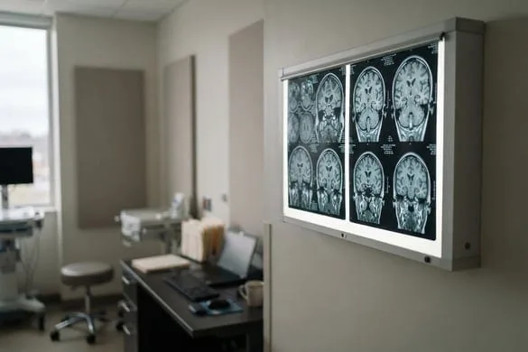 Brain MRI scans on a light box in a medical setting, used in traumatic brain injury diagnosis