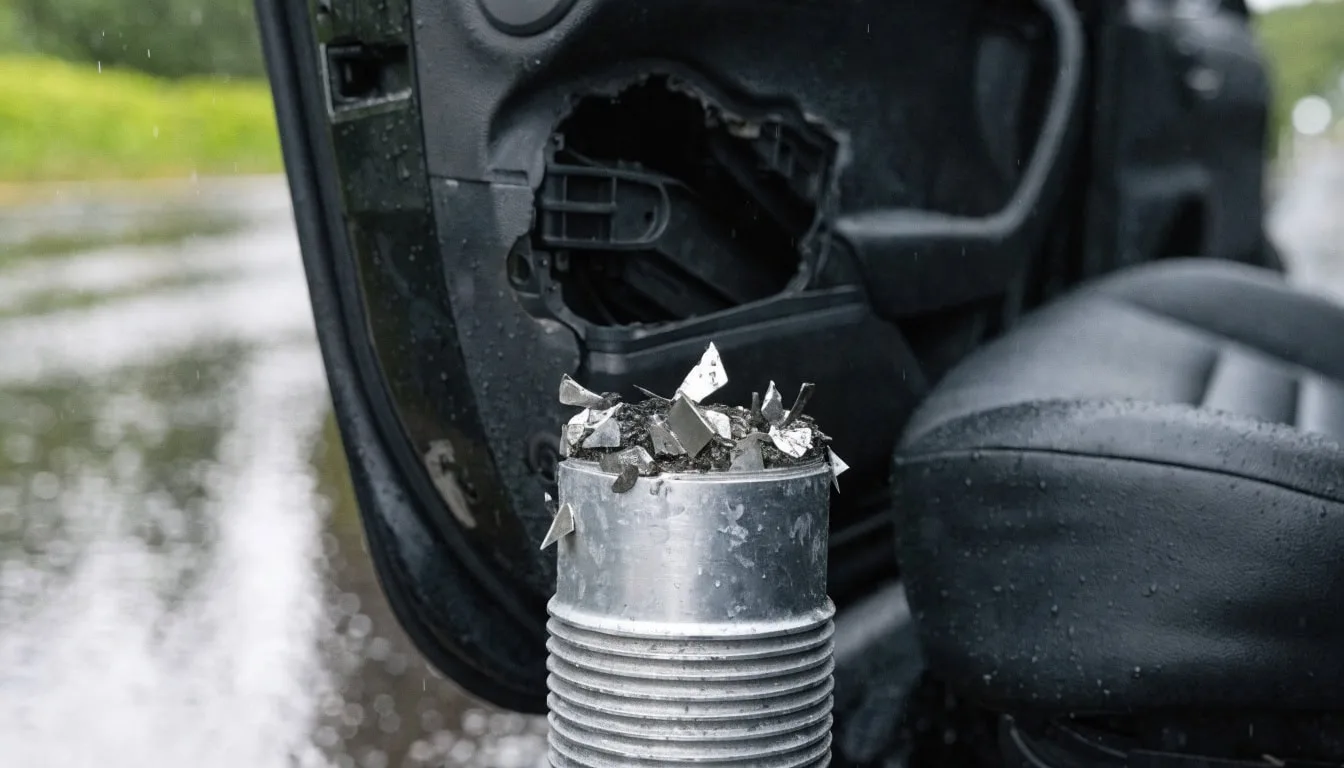 Defective Takata airbag inflator showing metal shrapnel damage in Michigan product liability lawsuit