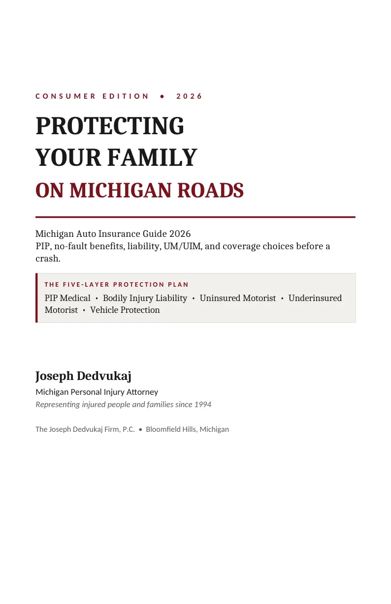 Cover of Protecting Your Family on Michigan Roads, the 2026 Michigan auto insurance guide by Joseph Dedvukaj