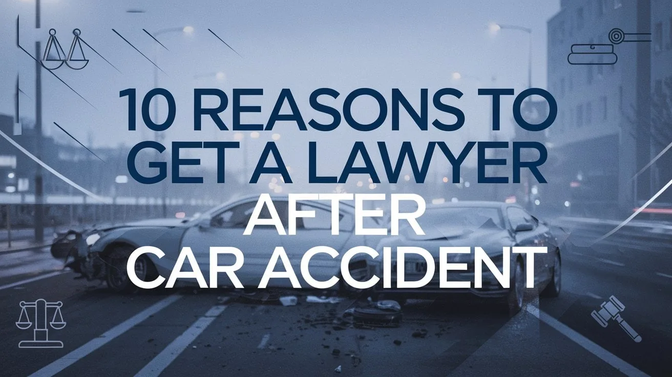 Text reading "Top Reasons to Hire a Lawyer After a Car Accident" over an image of a car accident scene on a street at dusk.
