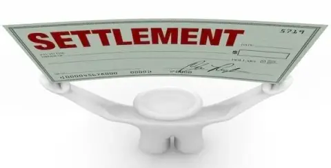 A 3D figure holds a large check labeled "SETTLEMENT," likely from a lawsuit related to a car accident, with signature and monetary fields prominently displayed.