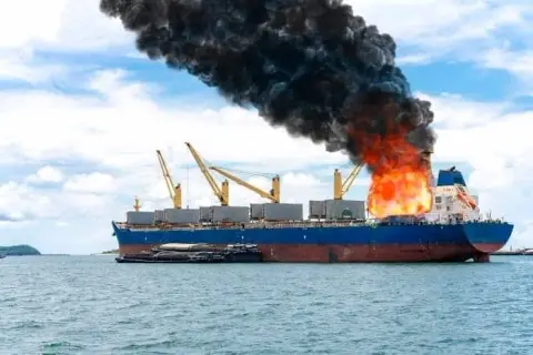 A cargo ship on fire at sea sends black smoke billowing from the blaze near the stern under a cloudy sky, reminding us of the importance of safe boating practices even during summer adventures.