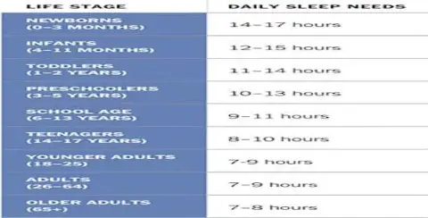 A chart illustrating daily sleep needs by life stage: newborns 14-17h, infants 12-15h, toddlers 11-14h, preschoolers 10-13h, school-age children 9-11h, teenagers 8-10h, younger adults and adults both at 7-9h. It's crucial for drivers with insomnia to follow these guidelines to ensure.