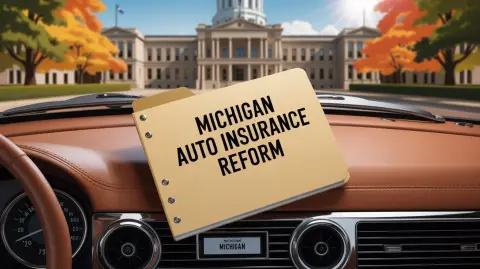 A folder labeled "Michigan Auto Insurance Reform" sits on a car dashboard, highlighting the state's crash rights, with a government building and autumn trees visible outside the windshield.
