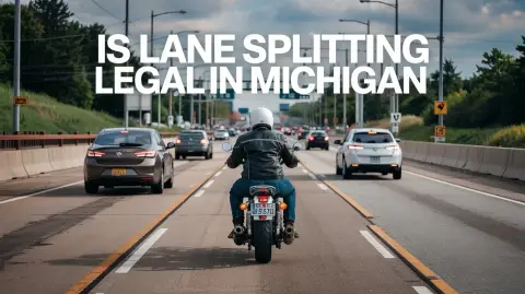 A motorcyclist rides between lanes of traffic on a multi-lane highway with the text “Is lane splitting legal in Michigan” overlaid, highlighting questions about Lane Splitting Michigan and how it fits within Michigan motorcycle laws.