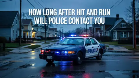 A police car with flashing lights blocks a residential street at dusk; text over the image reads, “How long after a hit and run will police contact you—Michigan legal guide.”.