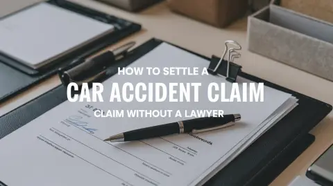 Clipboard with a pen and paper on a desk, featuring text: "How to Settle a Car Accident Claim Without a Lawyer." Learn how you can navigate your car accident claim independently.