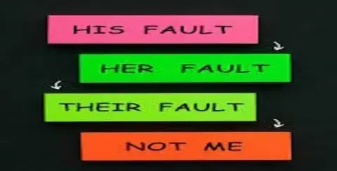 Four colored rectangles on a black background: "HIS FAULT" (pink), "HER FAULT" (green), "THEIR FAULT" (light green), and "NOT ME" (orange)—each with a downward arrow, illustrating the tangled web of blame often seen in car accident evidence.