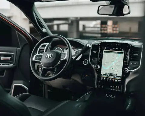 Interior view of a modern pickup truck showing the steering wheel, dashboard, and large central touchscreen display with navigation map—ideal for discussing autonomous vehicle liability or consulting a lawyer after a self-driving car accident in Michigan.