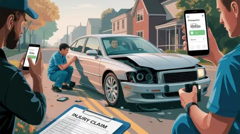 Two men document a car accident on their phones, while another fills out an injury claim form after a Lyft accident in Michigan, with a damaged vehicle parked on a neighborhood street.