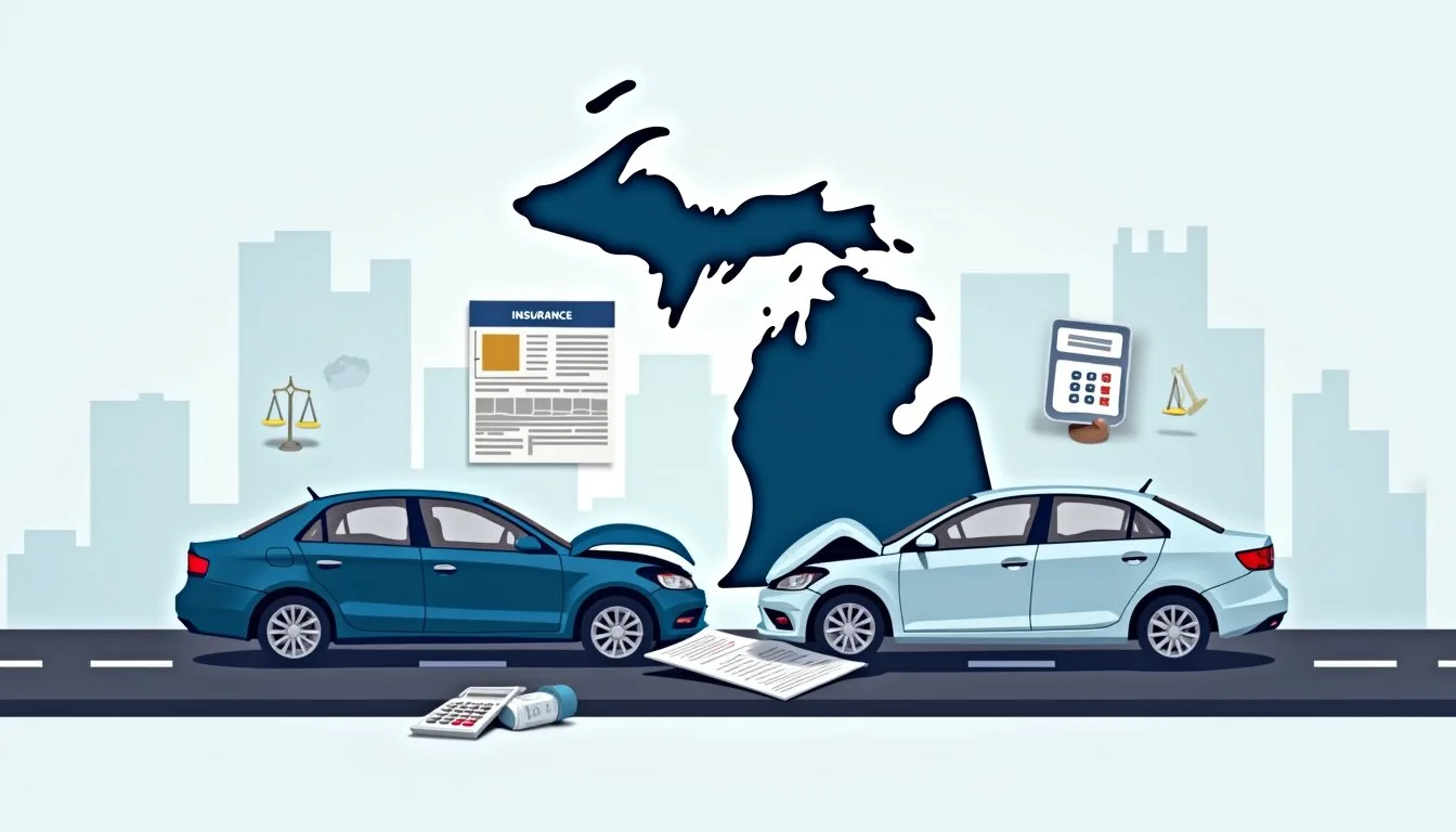 Two cars involved in a collision on a road, with paperwork, calculator, and a Michigan insurance document, set against a silhouette of Michigan and cityscape—highlighting car damage and the state’s no-fault insurance system.