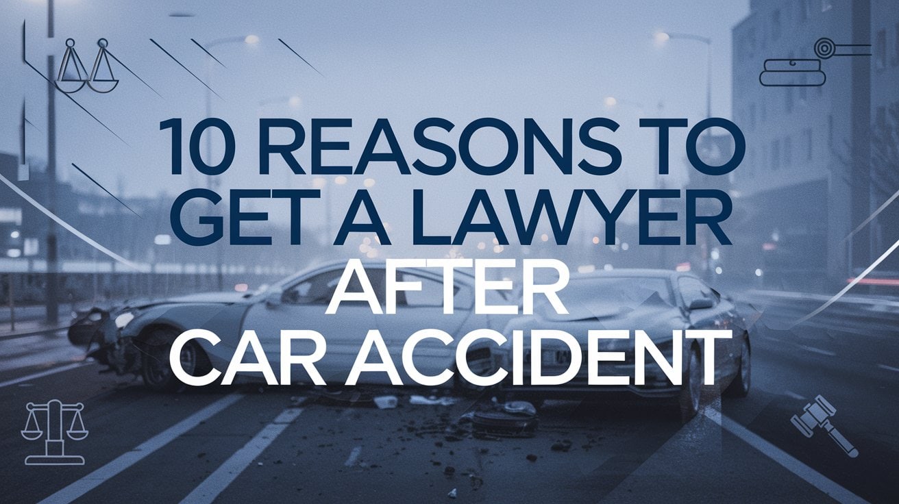 Text reading "Top Reasons to Hire a Lawyer After a Car Accident" over an image of a car accident scene on a street at dusk.