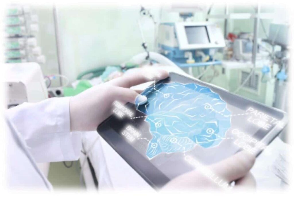 A person holds a tablet showing a digital brain with labeled sections, highlighting Brain Injury Facts. Hospital equipment can be seen in the background.