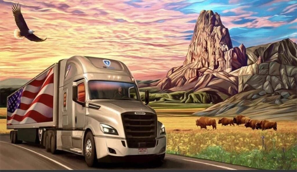 A silver semi-truck with a U.S. flag on its trailer drives on a road, symbolizing the life change many truck drivers experience. An eagle soars overhead, with a mountain and grazing bison in the background under a colorful sky.