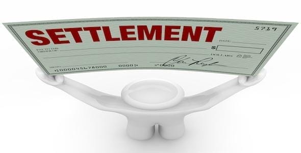 A 3D figure holds a large check labeled "SETTLEMENT," likely from a lawsuit related to a car accident, with signature and monetary fields prominently displayed.