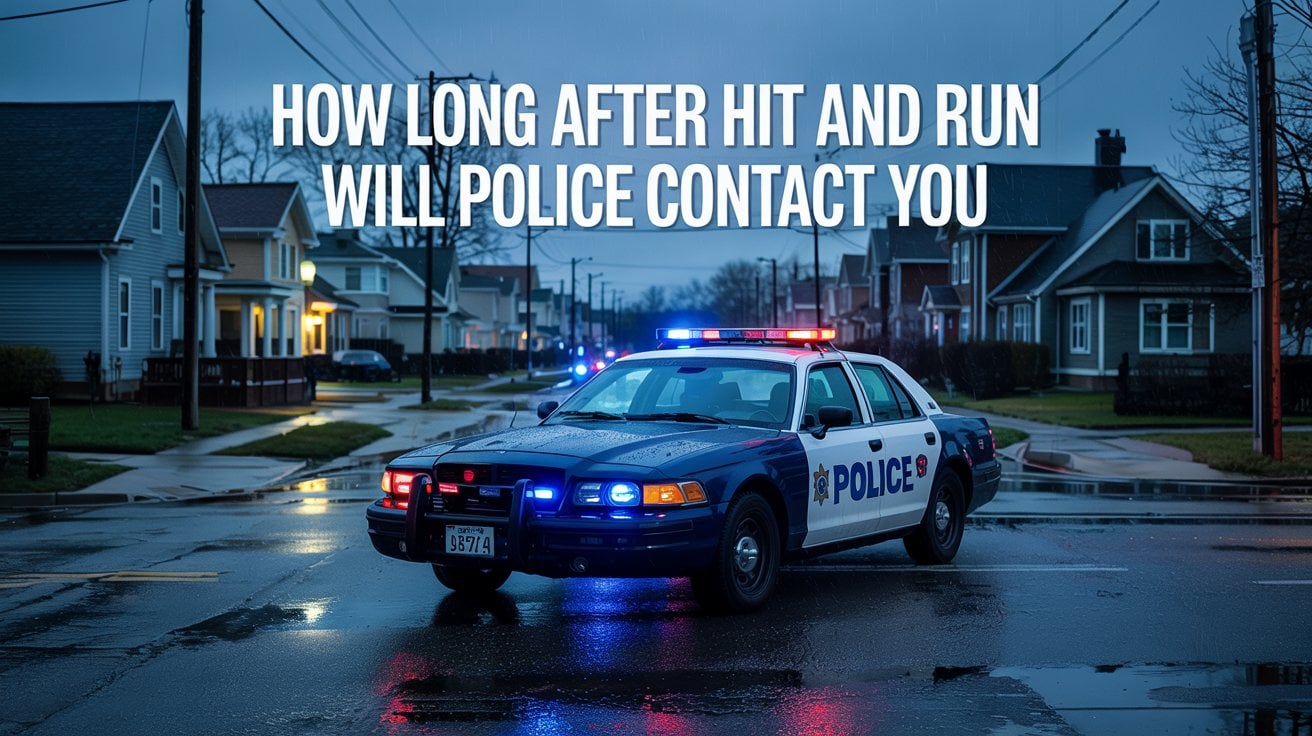 A police car with flashing lights blocks a residential street at dusk; text over the image reads, “How long after a hit and run will police contact you—Michigan legal guide.”.