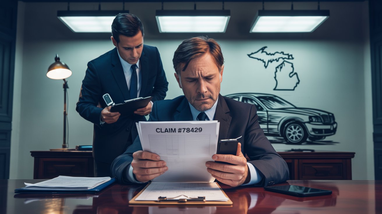 Two men in suits review documents in an office, with one holding a claim form and the other writing on a clipboard. A map of Michigan is visible on the wall behind them as they prepare for a recorded statement.