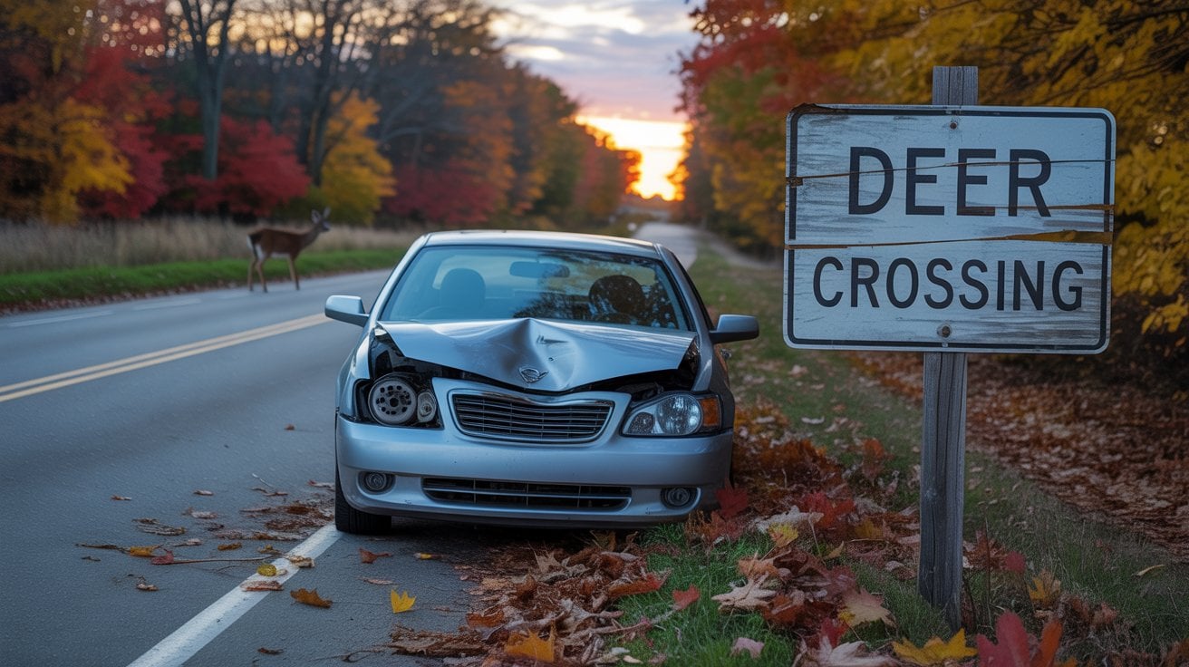 A damaged car is parked by the roadside near a "Deer Crossing" sign, with a deer standing on the road and autumn foliage in the background—an all-too-common scene for a Deer-Car Accident Lawyer.