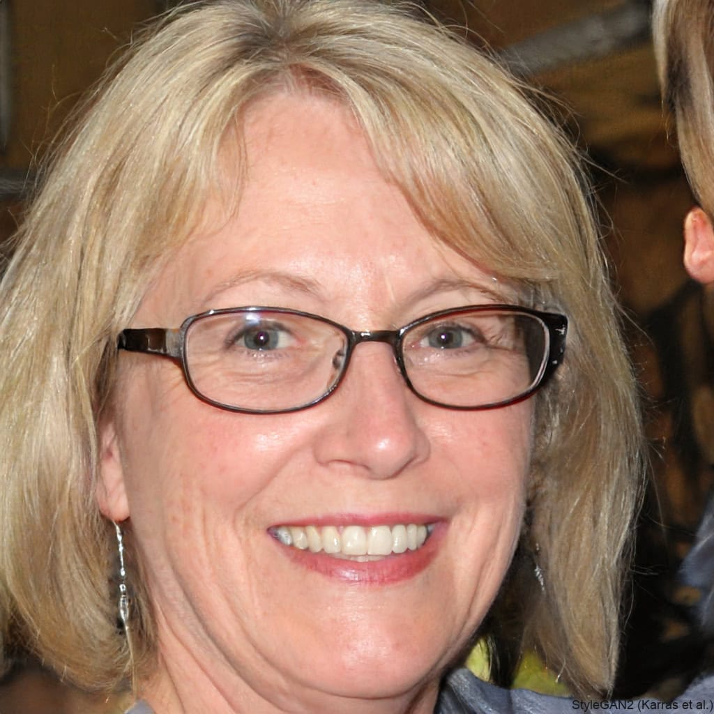 A middle-aged woman with blonde hair and glasses smiles at the camera.