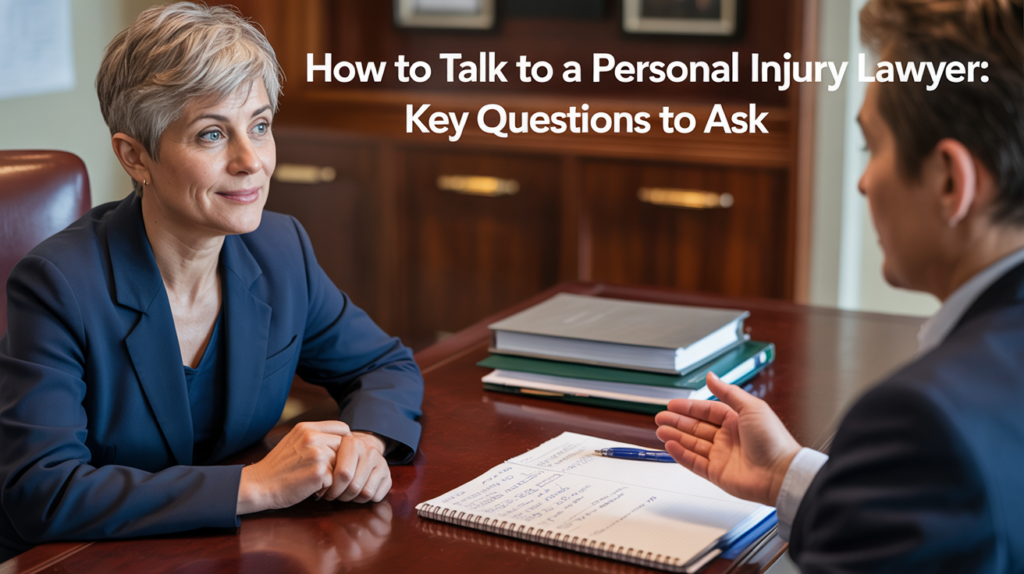 Two people sit at a desk in an office setting, engaged in conversation. One holds a notebook and pen with questions. Text reads: "How to Talk to a Personal Injury Lawyer: Key Questions to Ask Before Your Consultation.