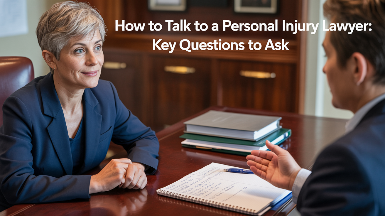 Two people sit at a desk in an office setting, engaged in conversation. One holds a notebook and pen with questions. Text reads: "How to Talk to a Personal Injury Lawyer: Key Questions to Ask Before Your Consultation.