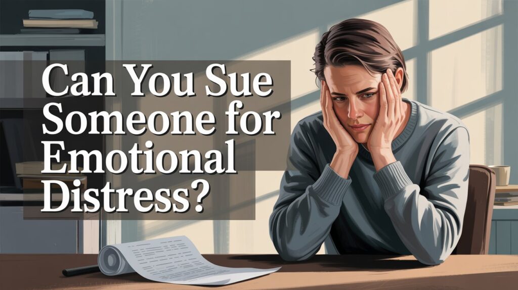 A person sits at a table with a distressed expression, holding their head in their hands, next to a document. The text reads: "Can You Sue Someone for Emotional Distress? Michigan attorneys explain your rights.