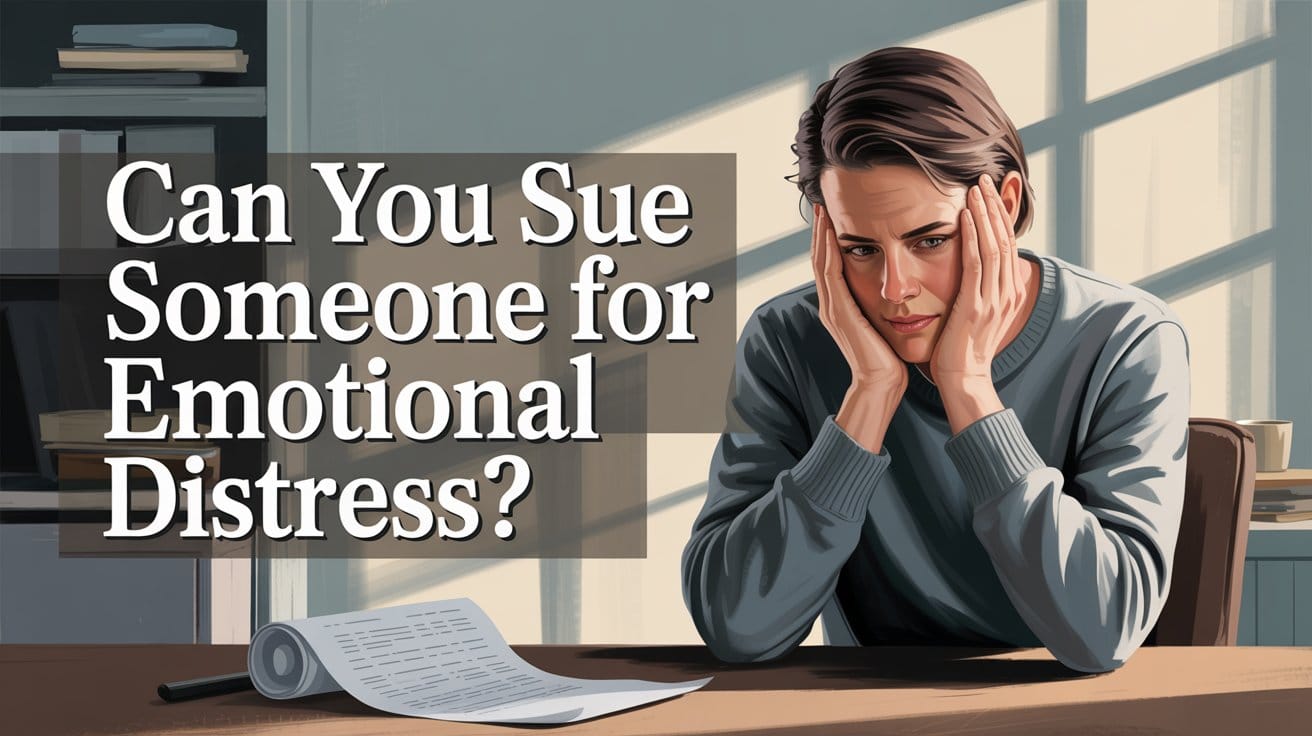 A person sits at a table with a distressed expression, holding their head in their hands, next to a document. The text reads: "Can You Sue Someone for Emotional Distress? Michigan attorneys explain your rights.