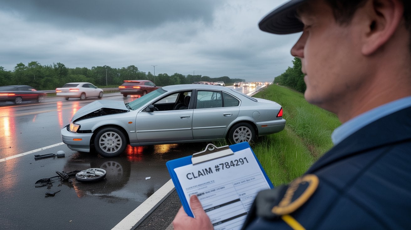 A police officer stands by a damaged car on a wet Michigan highway, holding a clipboard with an insurance claim form for total loss car claims.