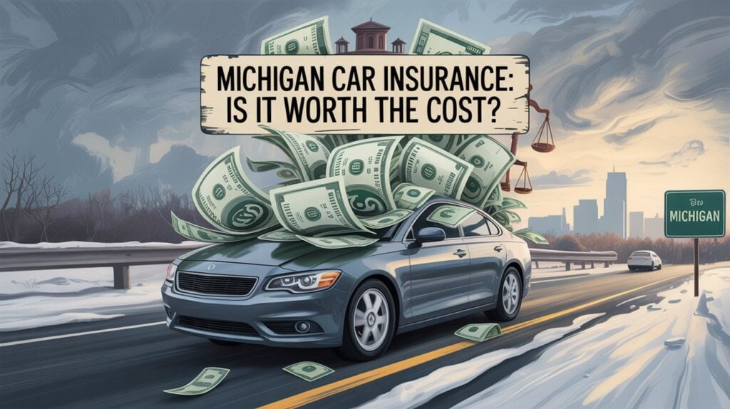 A car on a Michigan road is covered with dollar bills, with a sign reading "Expensive Car Insurance Michigan: Is it worth the cost?" and a city skyline in the background, highlighting advice from attorney Joseph Dedvukaj.