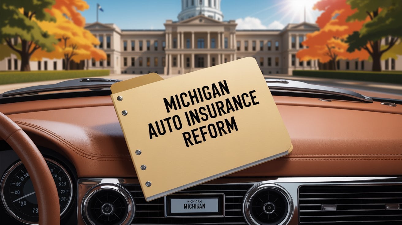 A folder labeled "Michigan Auto Insurance Reform" sits on a car dashboard, highlighting the state's crash rights, with a government building and autumn trees visible outside the windshield.
