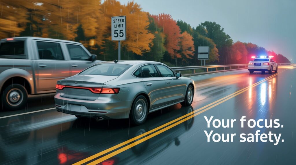 A silver sedan slows down on a rainy road as a police car with flashing lights is parked ahead, discouraging reckless driving; a "Speed Limit 55" sign is visible. Text reads, "Your focus. Your safety.