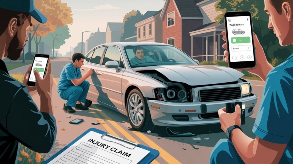 Two men document a car accident on their phones, while another fills out an injury claim form after a Lyft accident in Michigan, with a damaged vehicle parked on a neighborhood street.