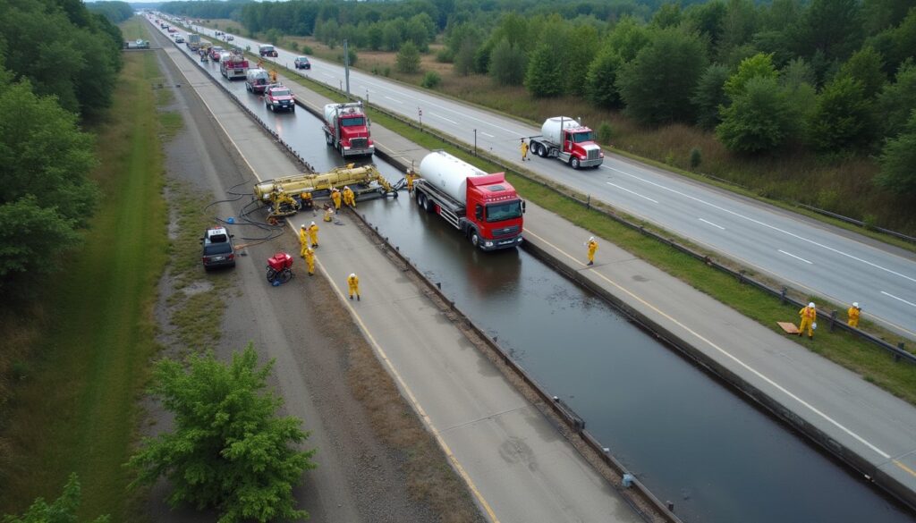 Aerial view of emergency workers and tankers responding to a liquid spill on a divided highway, with traffic stopped in one direction—a scene typical of Michigan Hazmat Truck Accidents.