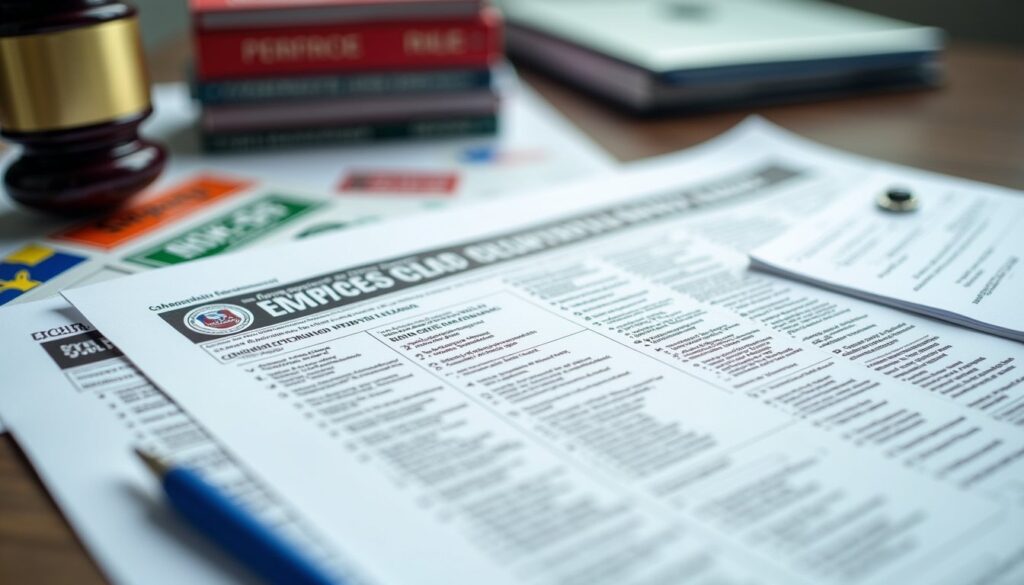 A close-up of an employee classification form on a desk, surrounded by a pen, paperwork, a gavel, and stacked legal books in the background—highlighting special rules that may apply in Michigan Hazmat Truck Accidents.