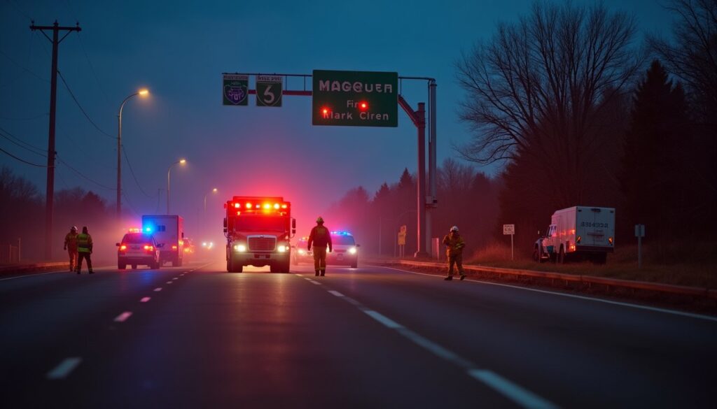 Emergency vehicles with flashing lights and personnel are stopped on a highway at dusk near an exit sign, blocking traffic after a Michigan Hazmat Truck Accident.