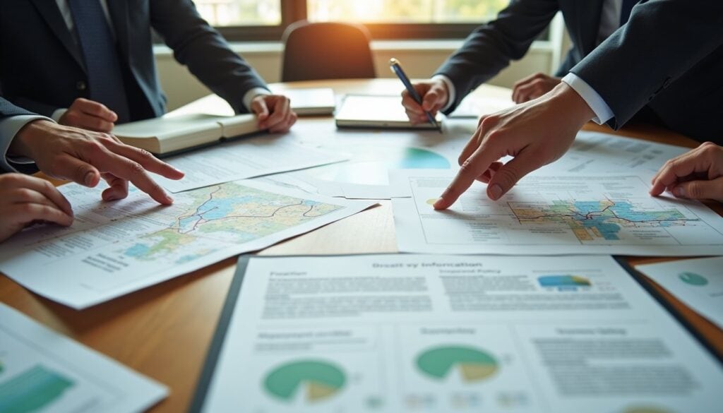 People in business attire review charts, graphs, and maps on printed documents spread across a conference table, analyzing recent Michigan Hazmat Truck Accidents data during a meeting.
