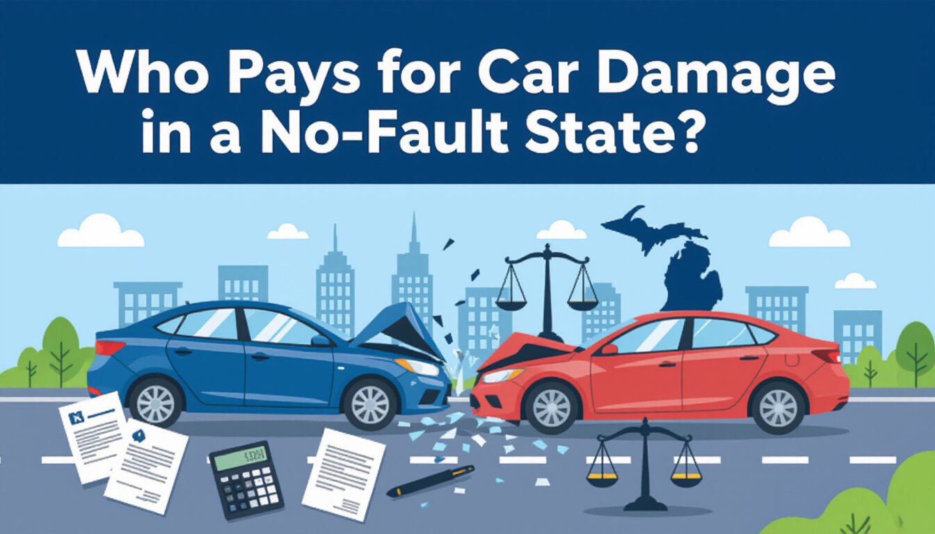Illustration of two cars after a crash with documents, calculator, pen, and scales of justice; text reads, "Who Pays for Car Damage in a No-Fault State?—understanding Michigan insurance rules.