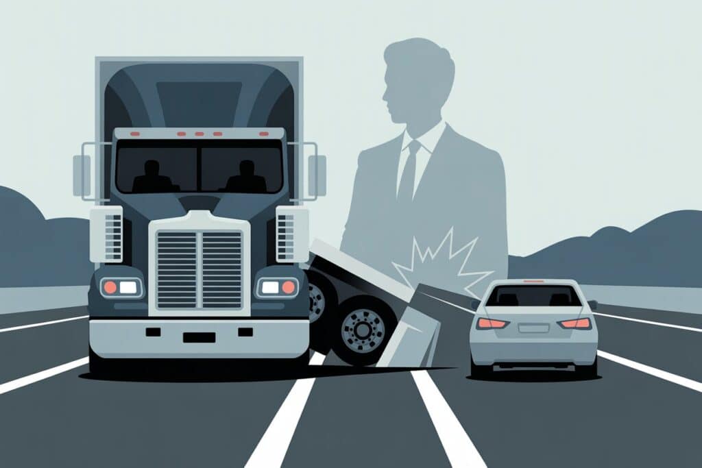 A large truck with a broken axle blocks a highway lane next to a car; the silhouette of a man in a suit appears in the background, hinting at potential trucking accident liability concerns.