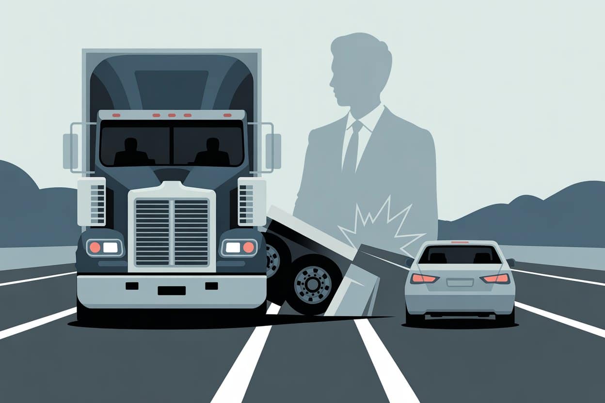 A large truck with a broken axle blocks a highway lane next to a car; the silhouette of a man in a suit appears in the background, hinting at potential trucking accident liability concerns.