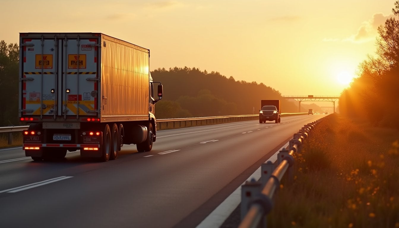 A semi-truck and several cars drive on a multi-lane highway at sunset, with trees lining the road and sunlight casting long shadows—highlighting the risks of Michigan hazmat truck accidents, which often involve higher damages and special rules.