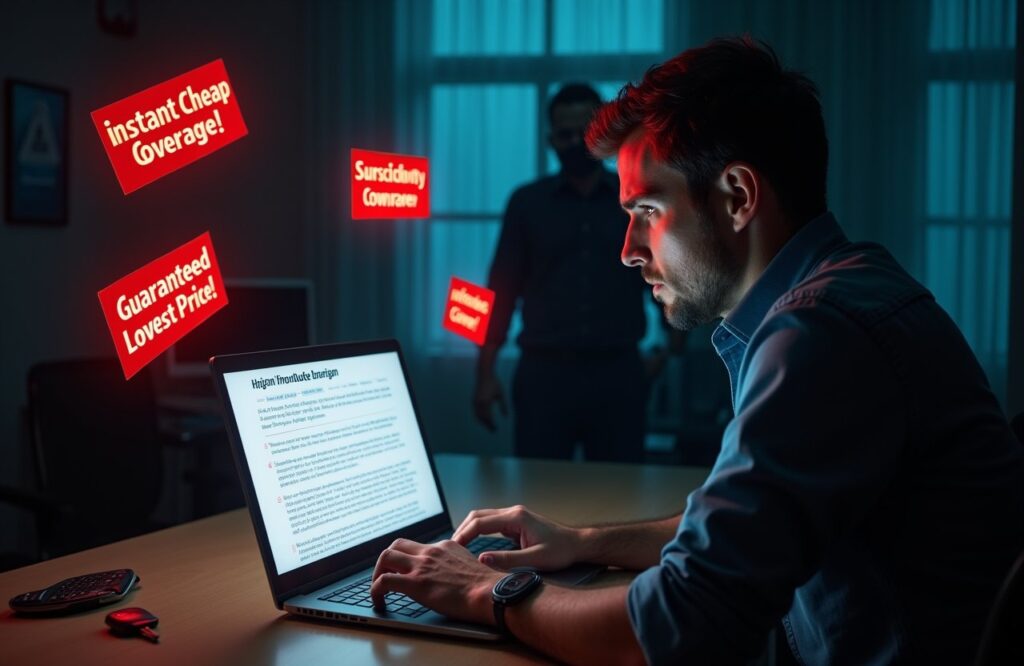 A man uses a laptop in a dimly lit room, surrounded by floating online ads for online auto insurance with phrases like "Instant Cheap Coverage!"—unaware of the hidden dangers these tempting offers may hold.