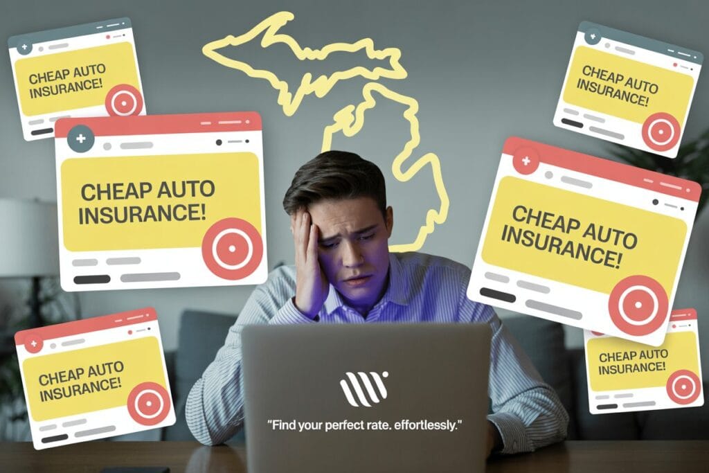 A person sits at a laptop looking stressed, surrounded by pop-up ads for cheap online auto insurance, with a Michigan state outline in the background.