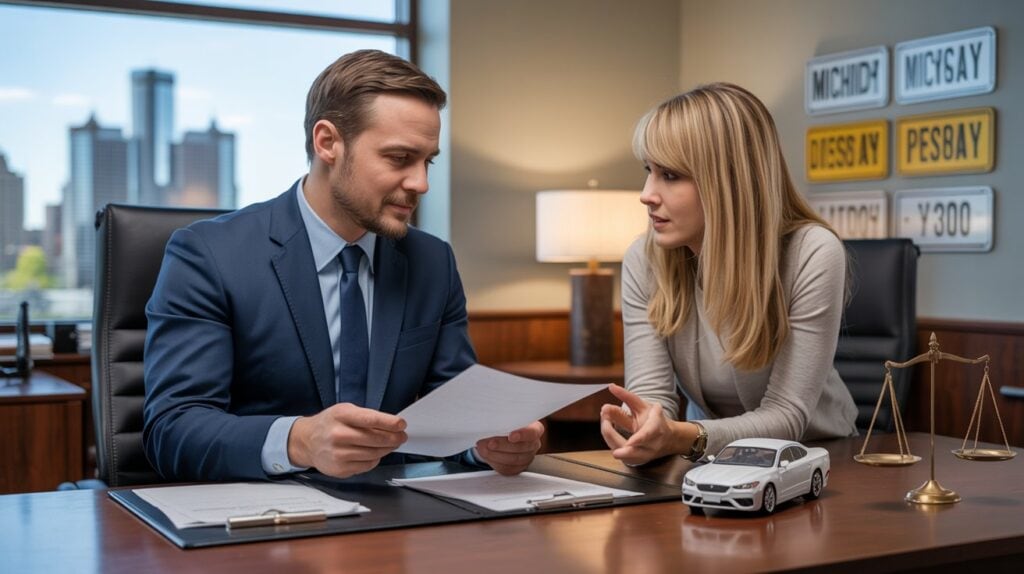 A man in a suit and a woman discuss documents at an office desk with legal scales, a toy car, and license plates in the background, highlighting topics like Michigan Car Accident Lawyer Fees.