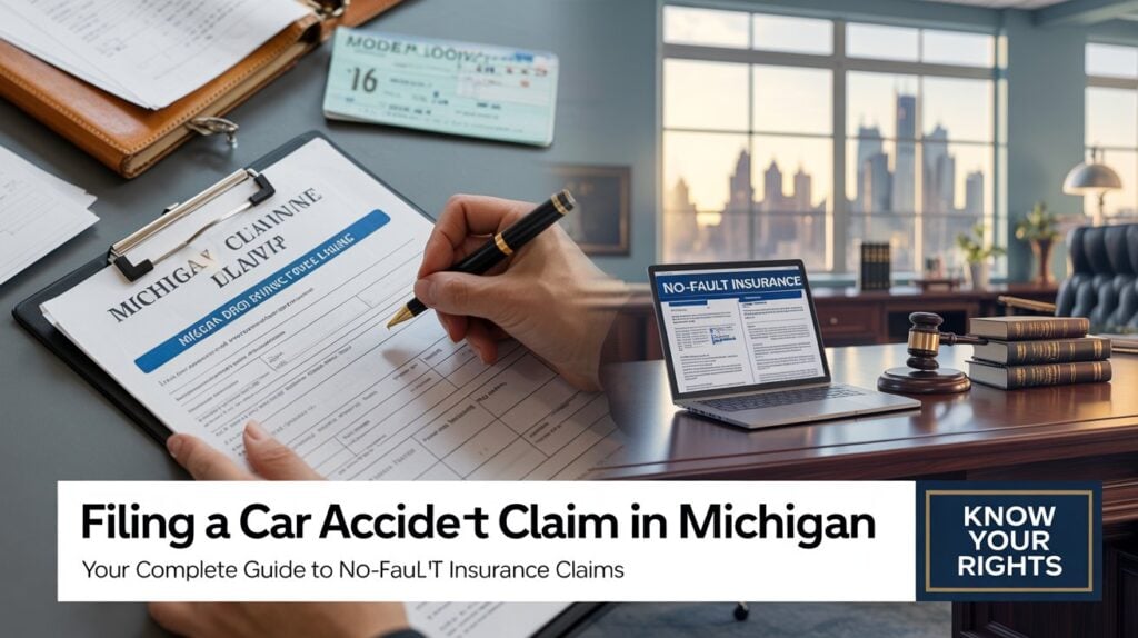A person fills out a car accident claim Michigan form; the image also shows a no-fault insurance card, legal documents, a gavel, and city buildings in the background. A practical scene for any Michigan car accident guide.