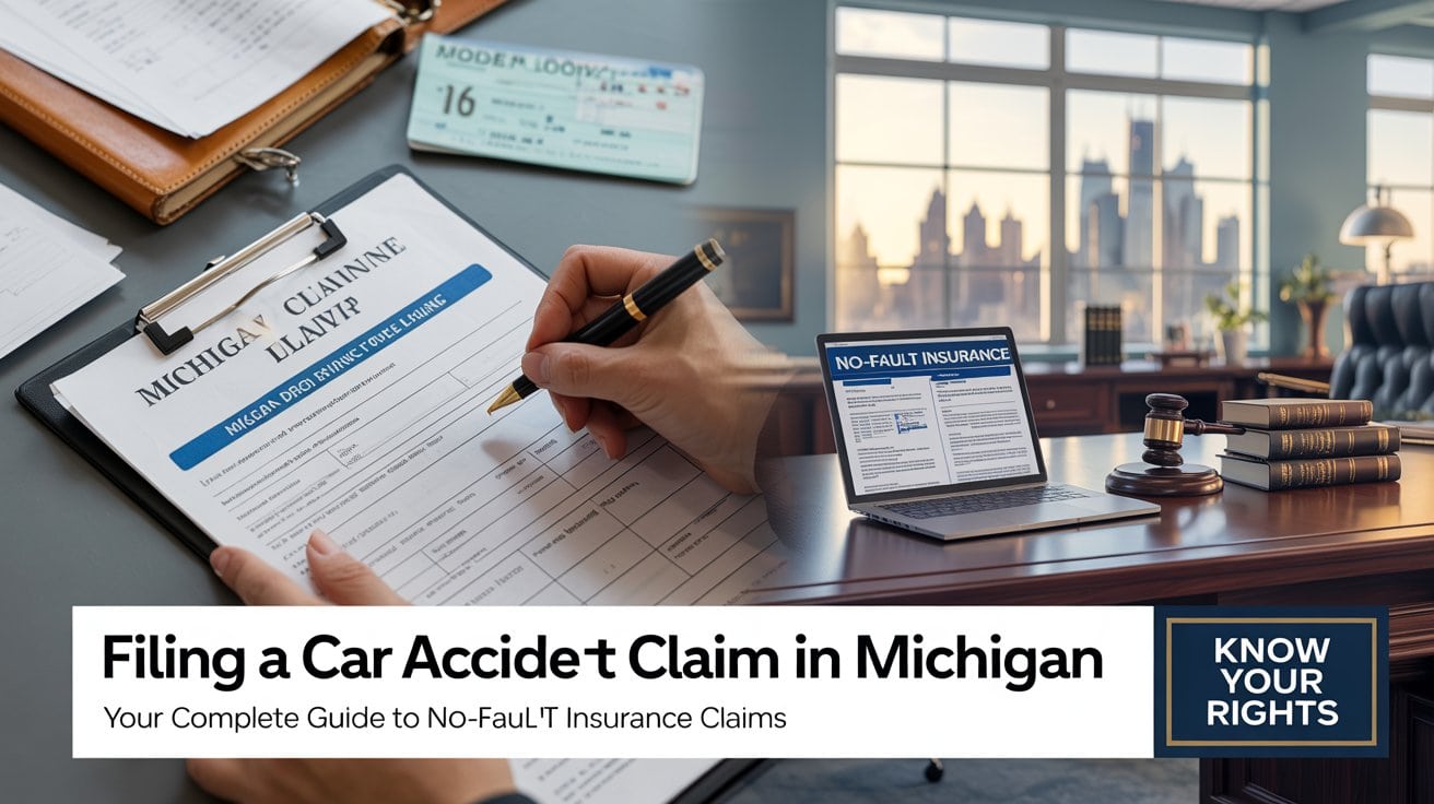 A person fills out a car accident claim Michigan form; the image also shows a no-fault insurance card, legal documents, a gavel, and city buildings in the background. A practical scene for any Michigan car accident guide.