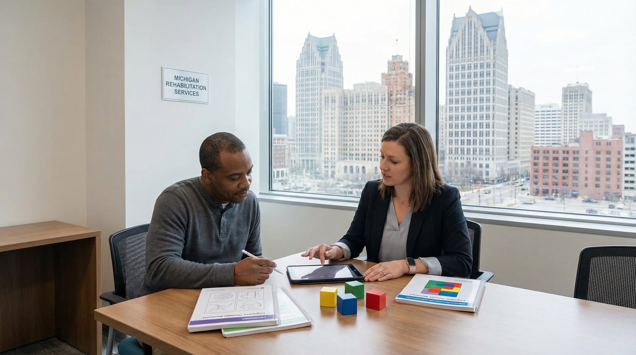 TBI patient in confused-appropriate stage participating in structured rehabilitation therapy session