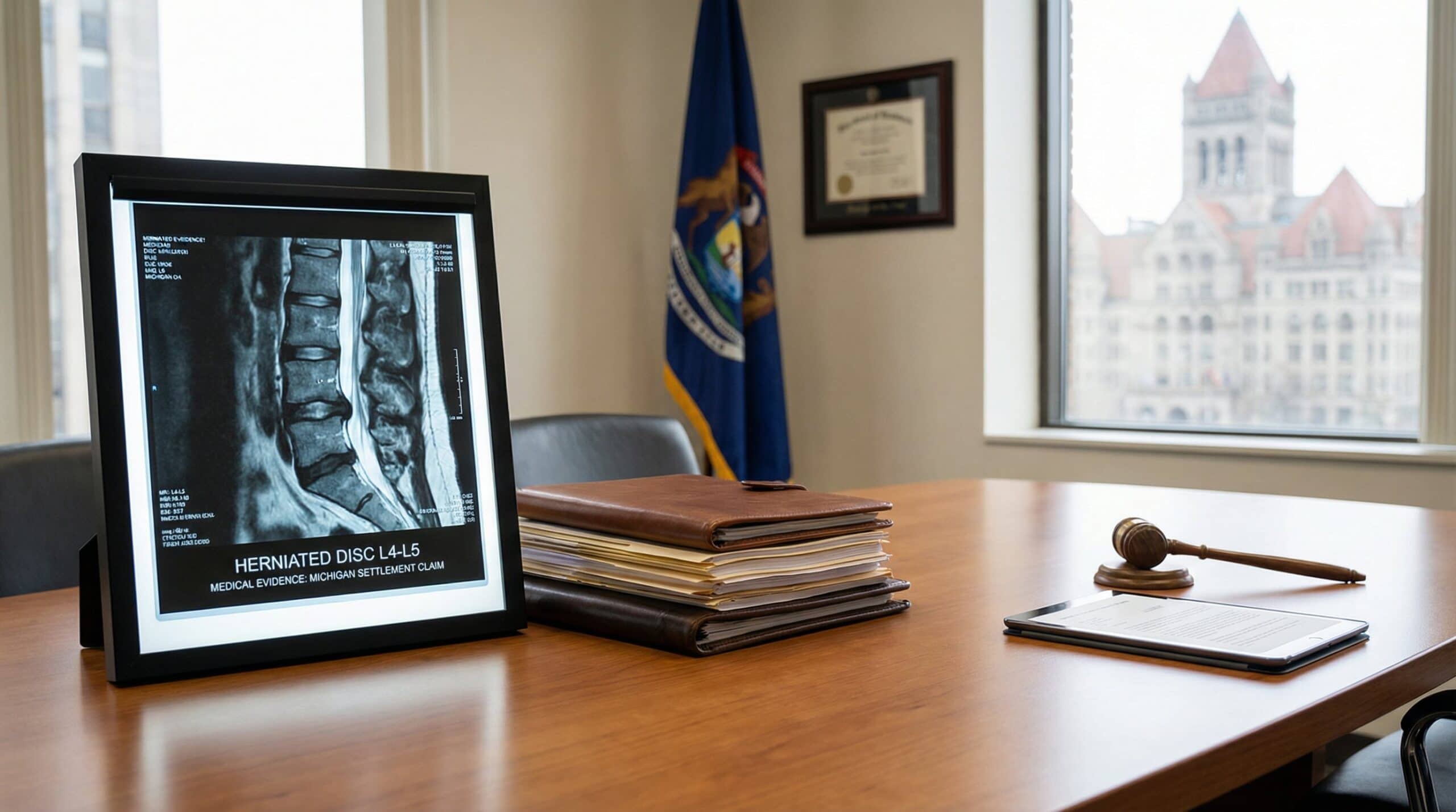MRI scan showing herniated disc used as medical evidence in Michigan back injury settlement claim