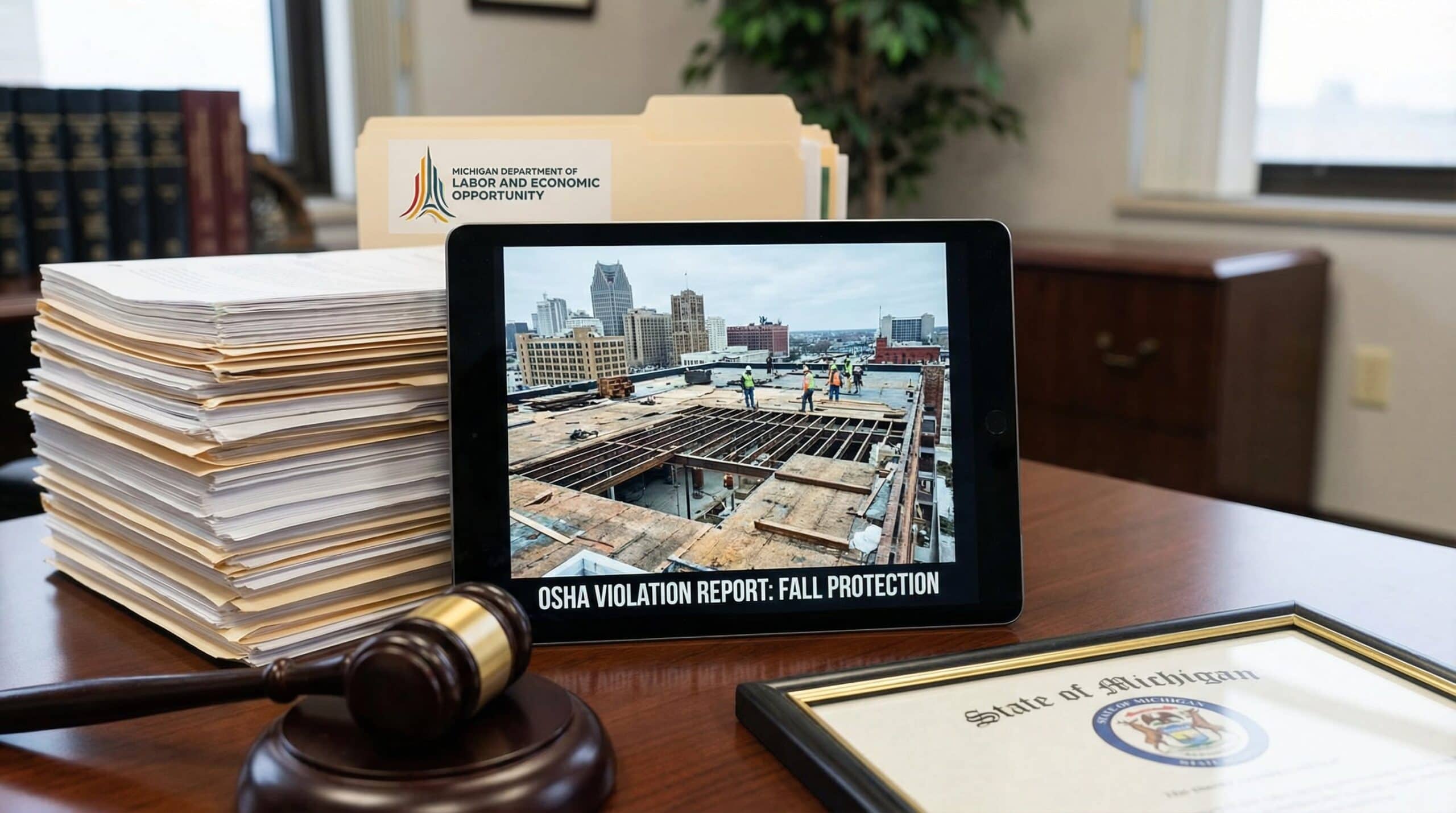 OSHA construction safety violation documentation showing lack of fall protection in Michigan worksite accident
